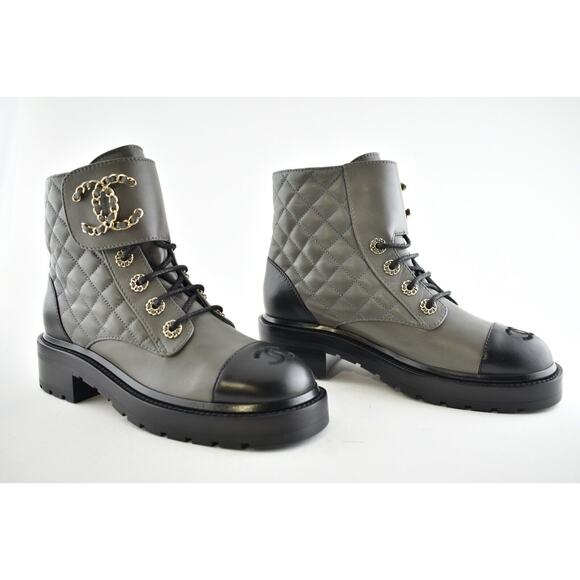 Chanel 21A Grey Black Quilted CC Chain Combat Lace Up Tie Ankle Short Boots 38 - Picture 4 of 11